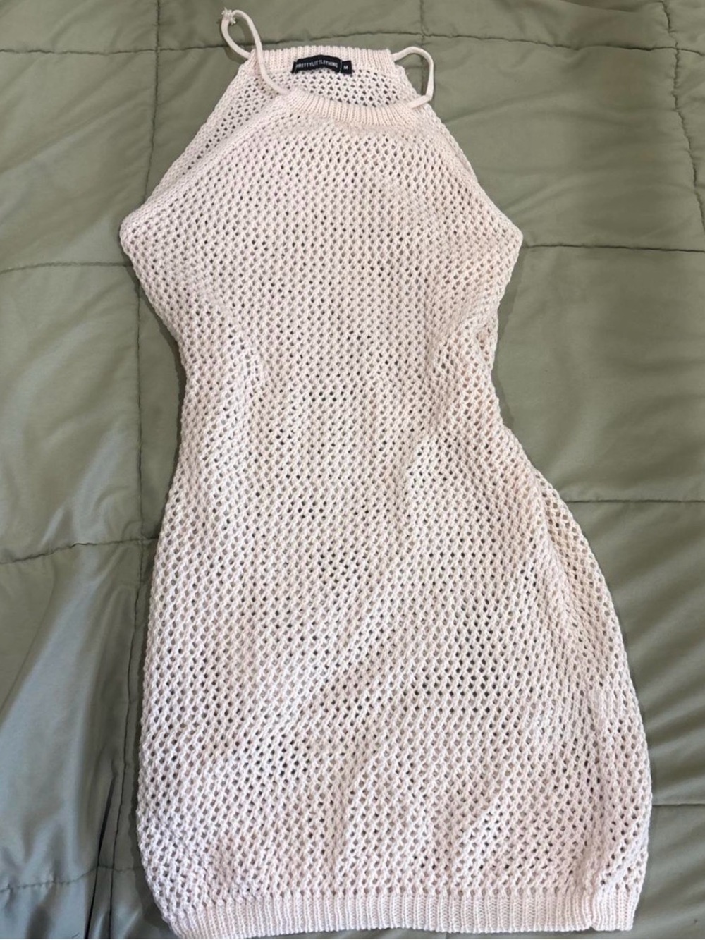 PrettyLittleThing Cream Open-Knit Halter Coverup Dress
